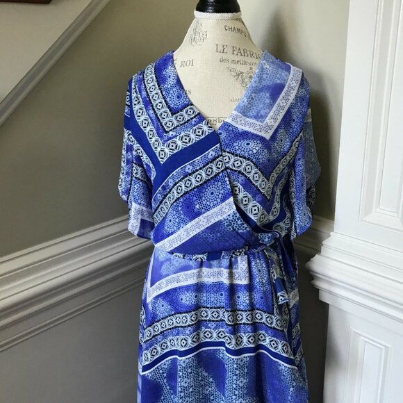 Parker Dominica Midi Dress Womens Medium Blue White Faux Wrap Dolman Sleeve - Picture 4 of 11